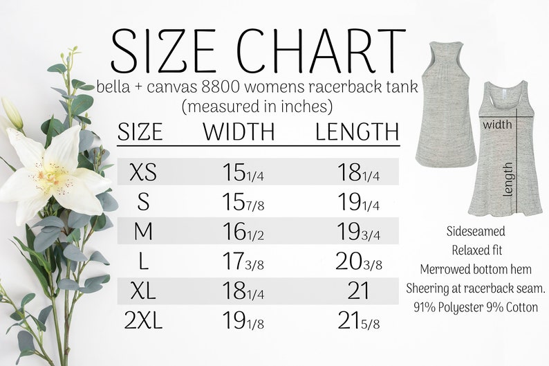 K&ouml;nnte beinhalten: Gr&ouml;&szlig;entabelle f&uuml;r ein Bella + Canvas 8800 Racerback-Tanktop. Ma&szlig;e in Zoll f&uuml;r die Gr&ouml;&szlig;en XS bis 2XL. Merkmale sind ein seitlich gen&auml;hter, entspannter Schnitt, ein Merrow-Saum und Raffungen an der Racerback-Naht. Hergestellt aus 91 % Polyester und 9 % Baumwolle.