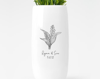 Personalized Ceramic Flower Vase, Custom Wedding Gift For Her, Anniversary Gift for Couple, Birthday Gift, May Birthday, Lily of the Valley