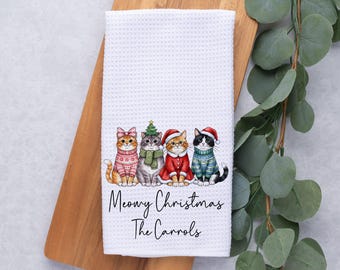 Personalized Christmas Tree Towel, Merry Christmas Waffle Weave Dish Towel, Holiday Tea Towel Kitchen Decoration, Crazy Christmas Tree Cats