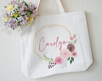 Personalized Linen Tote Bag, Custom Name Tote Bag, Pink Floral Tote fo Bridesmaids, Mother's Day Gift for Mom or Grandma, Girl's Trip Favor
