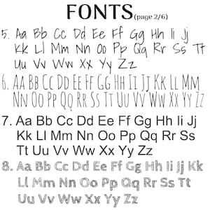 以下が含まれることがあります： 大文字と小文字のアルファベットの異なるスタイルを示すフォントブックのページ。ページには「FONTS（2/6ページ）」とラベル付けされています。