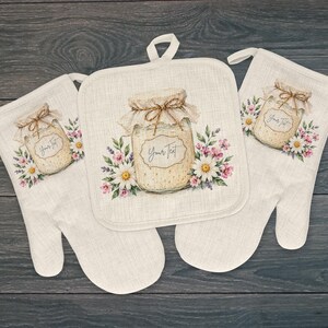 Personalized Oven Mitt or Pot Holder Set, Custom Kitchen Gift, Sourdough Bread Maker, Sourdough Starter with Flowers and Name On Jar