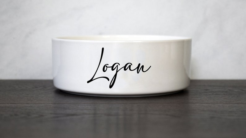 Puede incluir: Taz&oacute;n de cer&aacute;mica blanco para mascotas con el nombre "Logan" escrito en cursiva negra.