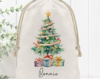 Personalized Christmas Gift Bag, Custom Reusable Drawstring Sack for the Holidays, Traditional Tree, Present Wrap for Kids and Adults