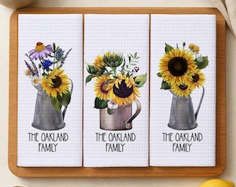 Personalized Sunflower Towels, Single or Set of Three Flower Waffle Weave Dish Towels, Tea Towel Kitchen Decoration, Gift for Newlyweds