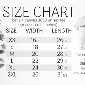 K&ouml;nnte beinhalten: Gr&ouml;&szlig;entabelle f&uuml;r ein Bella + Canvas 3650 Unisex-T-Shirt, gemessen in Zoll. Enth&auml;lt die Gr&ouml;&szlig;en XS bis 2XL mit Breiten- und L&auml;ngenma&szlig;en. Merkmale: Unisex-Rundhalsausschnitt, Retail-Passform, Seitenn&auml;hte, superweicher Stoff.