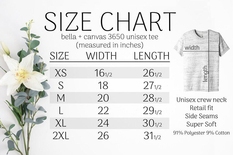 K&ouml;nnte beinhalten: Gr&ouml;&szlig;entabelle f&uuml;r ein Bella + Canvas 3650 Unisex-T-Shirt, gemessen in Zoll. Enth&auml;lt die Gr&ouml;&szlig;en XS bis 2XL mit Breiten- und L&auml;ngenma&szlig;en. Merkmale: Unisex-Rundhalsausschnitt, Retail-Passform, Seitenn&auml;hte, superweicher Stoff.