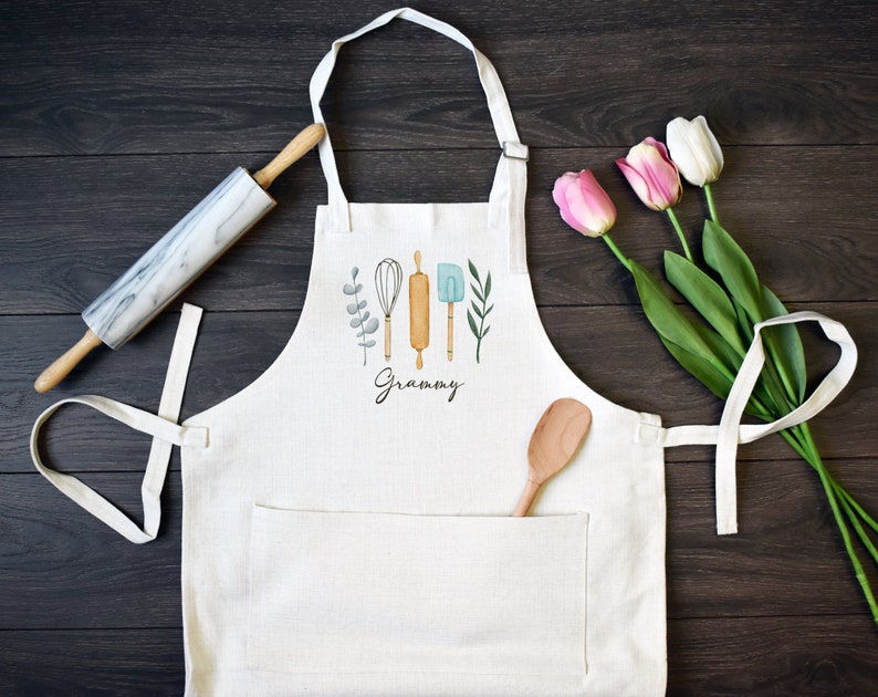 Personalized Linen Kitchen Apron, Custom Cooking Apron with Pocket image 2
