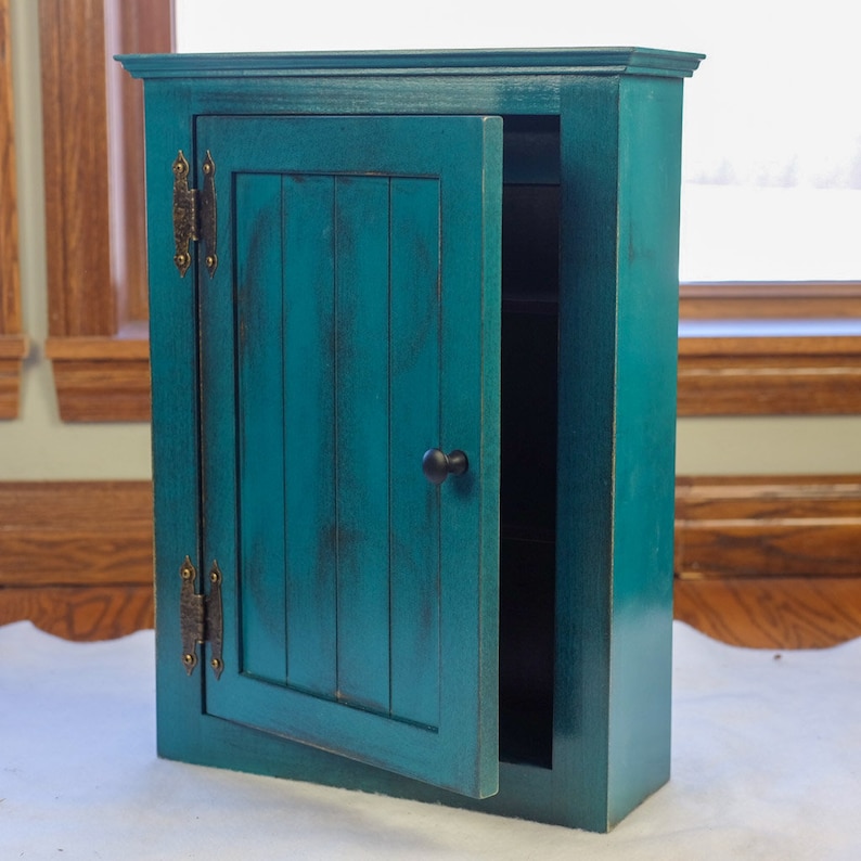 Farmhouse Medicine Cabinet, Farmhouse Style Bathroom Cabinet, Rustic Wall Cabinet, Cabinet with Barn Door, Apothecary Cabinet Calypso Blue