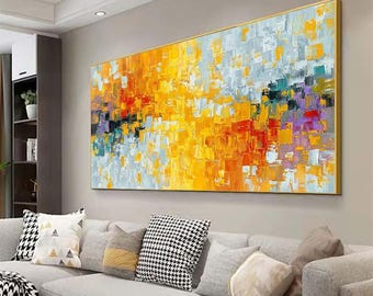 Teksturowana abstrakcyjna sztuka na płótnie, duży fioletowo-czerwono-złoty obraz olejny (w ramie)