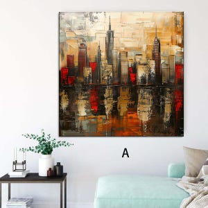 Tableau paysage urbain abstrait noir rouge : oeuvre d'art murale en toile texturée (sans cadre/roulée)