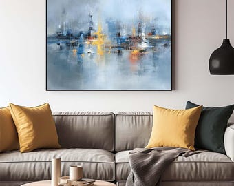 Large Abstract Acrylic Painting: Modern Textured Wall Art Misty City Shore(framed)