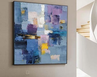 Pintura al óleo abstracta original, lienzo texturizado de gran tamaño para pared, Ciudad Azul