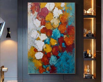 Large Abstract Acrylic Painting: Modern Textured Wall Art Autumn Color Bubbles(framed)