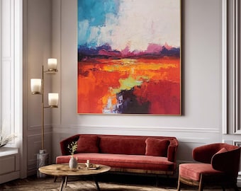 Cuadro de naturaleza de gran tamaño sobre lienzo: Arte mural de paisaje abstracto en azul y rojo.