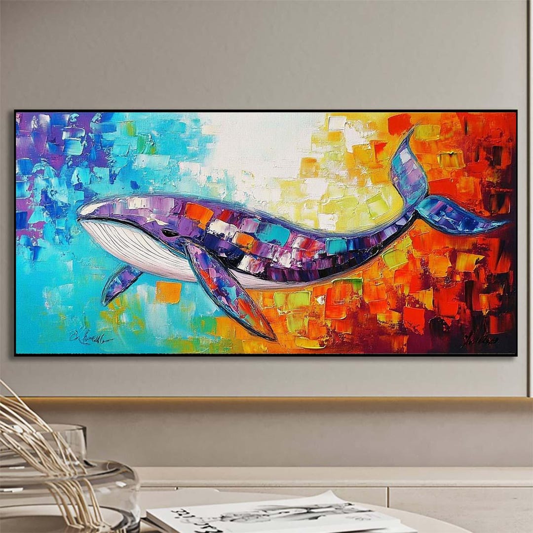 Abstract Whale Painting: Textured Acrylic Impasto Art (unframed