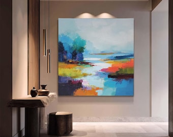 Large Nature Painting on Canvas: Abstract Scenery Wall Art Blue and Red Green