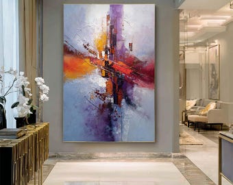 Pintura al óleo abstracta original de la ciudad: gran lienzo texturizado para pared.