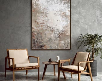 Cuadro abstracto grande en tonos beige, gris claro y gris parduzco: Arte mural moderno con textura (enmarcado).