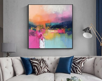 Paysage rose et bleu orange peint à la main très grande peinture abstraite art abstrait contemporain toile art mural chambre sans cadre