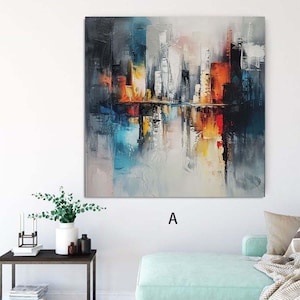 Red Abstract Cityscape Painting: Textured Canvas Wall Art (Unframed/Rolled