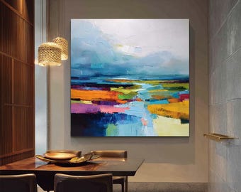 Large Nature Painting on Canvas: Abstract Scenery Wall Art Blue and Pink