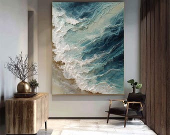 Original 3D Strukturierter Ozean Wand Kunst, Große Original Gips Stil Strand Gemälde