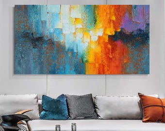 Teksturowana abstrakcyjna sztuka na płótnie, duży obraz olejny w kolorze niebieskim, czerwonym i złotym (oprawiony)