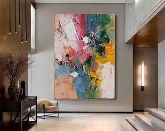 Kleurrijk abstract acrylschilderij op canvas, extra groot roze blauwgroen modern interieur (ingelijst)