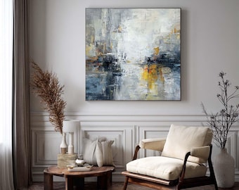Pintura al óleo pintada a mano sobre lienzo: Gran obra de arte abstracto para pared en gris y negro.