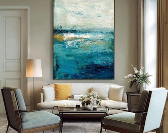 Cuadro abstracto de gran tamaño con temática de mar azul: Arte mural moderno con textura (enmarcado)