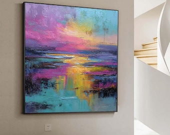 Pintura al óleo abstracta original, lienzo texturizado grande para pared, color rosa.