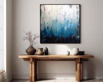 Cuadro al óleo pintado a mano sobre lienzo: Gran obra de arte abstracto para pared en azul y blanco.