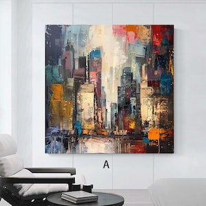 Peinture paysage urbain abstrait ville dorée rouge : oeuvre d&#39;art murale en toile texturée (sans cadre/roulée)