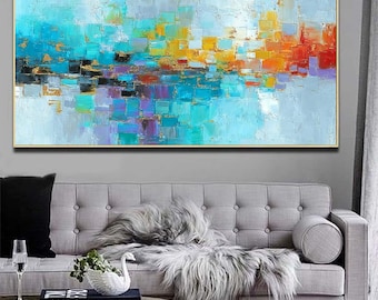 Lienzo abstracto texturizado, gran pintura al óleo azul y dorada (enmarcada)