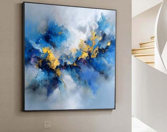 Original Abstract Oil Painting, Large Textured Canvas Wall Art Purple Blue Gray
