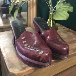 Plum Leather and Wood Clogs
