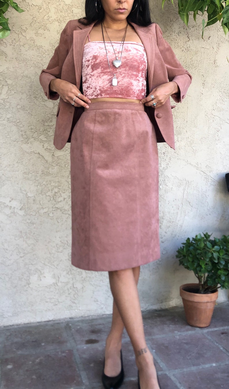 Dusty Pink Suede Skirt Suit image 2