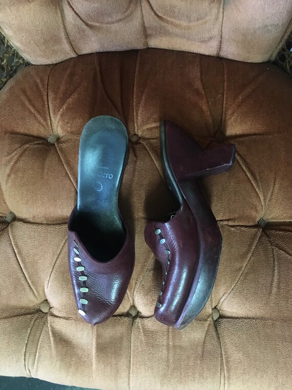 Plum Leather and Wood Clogs - image 6