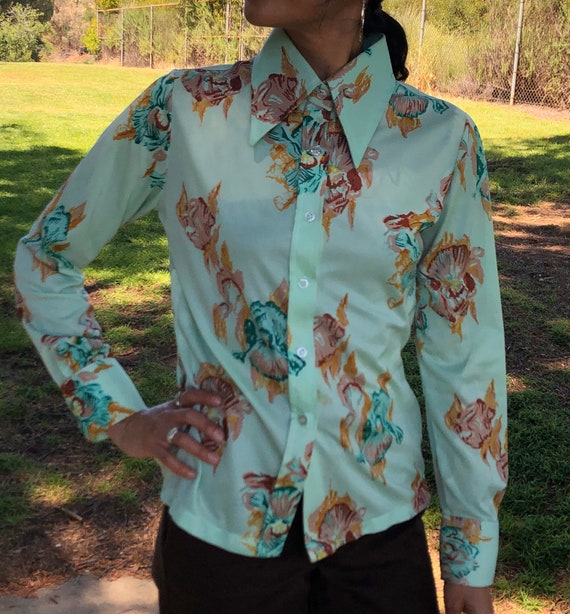 70s mint floral button up shirt