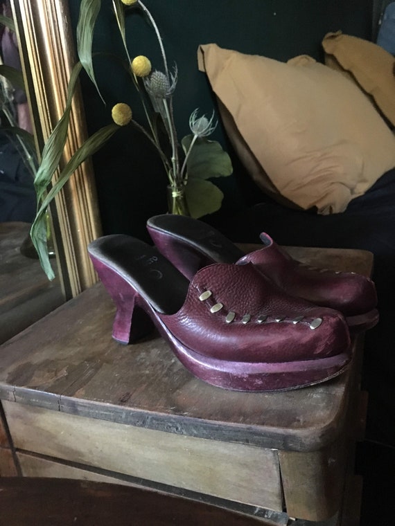 Plum Leather and Wood Clogs - image 3