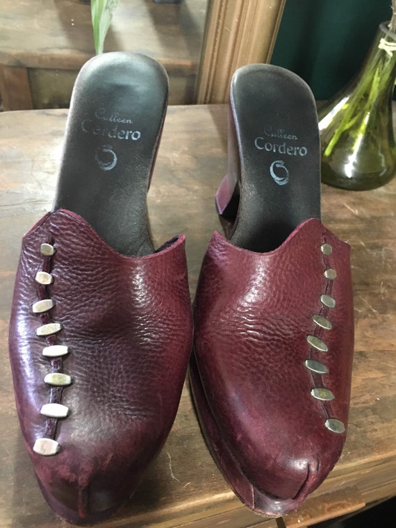 Plum Leather and Wood Clogs - image 5