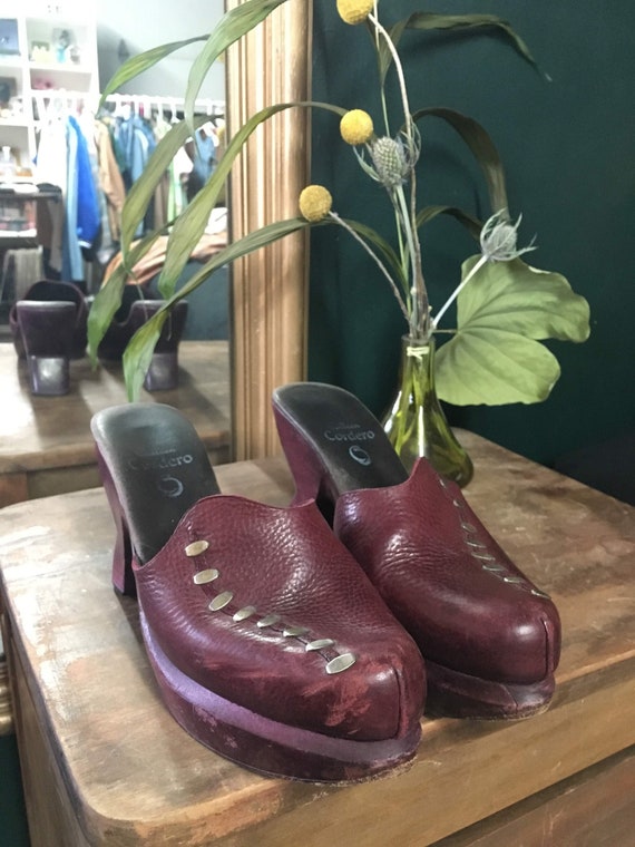 Plum Leather and Wood Clogs - image 1