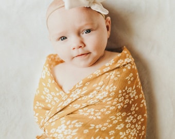 Mustard Floral Muslin Swaddle Blanket – Large Breathable Cotton