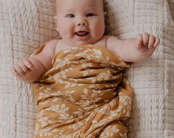 Leafy Sprig Mustard Muslin Swaddle Blanket - Gender Neutral