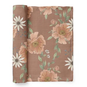 Peony Bloom (Clay Brown) - Soft Muslin Cotton Swaddle Blanket, Newborn Receiving Nursing Cover, Floral Essentials Girl Wrap