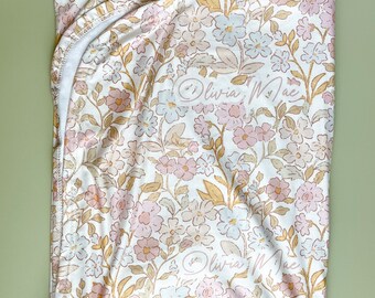 Hand Drawn Candyland Floral Jersey Swaddle Blanket - Personalized Name Baby Girl Gift