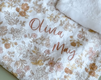 Personalized Floral Minky Blanket - Custom Baby Girl Name Fuzzy and Soft Blanket