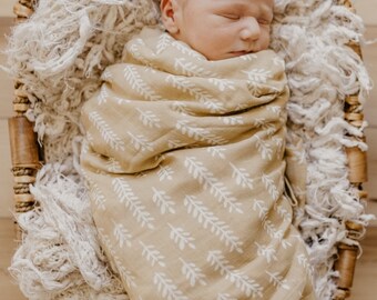 Wheat Almond Swaddle- Baby Girl Blanket, Birth Announcement Gift, Newborn Wrap, Breastfeeding Cover, Natural Cotton Muslin Photo Prop