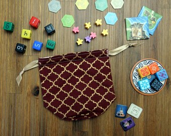 Gold Quatrefoil on Burgundy Dice Bag | Lined Drawstring Bag | Tabletop Gamers, Role Players | Game Accessory